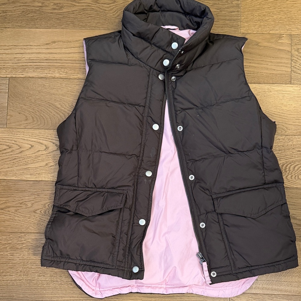 J. Crew Reversible Puffer Vest in Brown and Pink